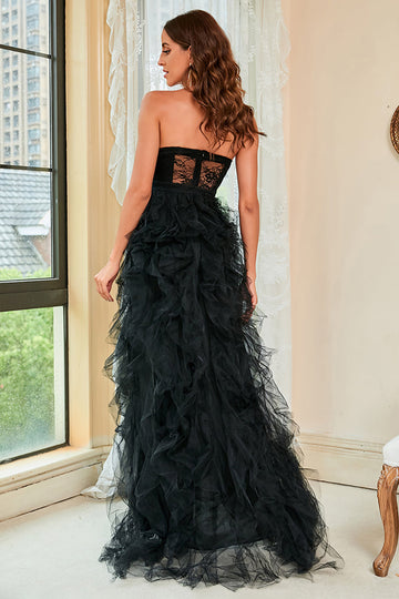 Strapless Black Corset Ball Dress with Slit